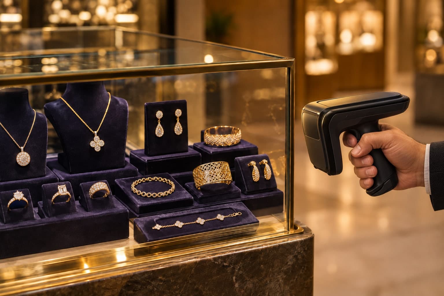 Un lecteur RFID tenu devant une vitrine de bijouterie fermée, qui lit les bijoux en or à travers le verre